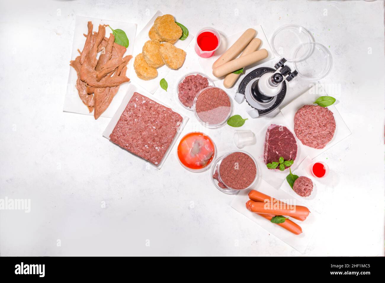 Lab grown meat alternatives concept, Various laboratory grown meat