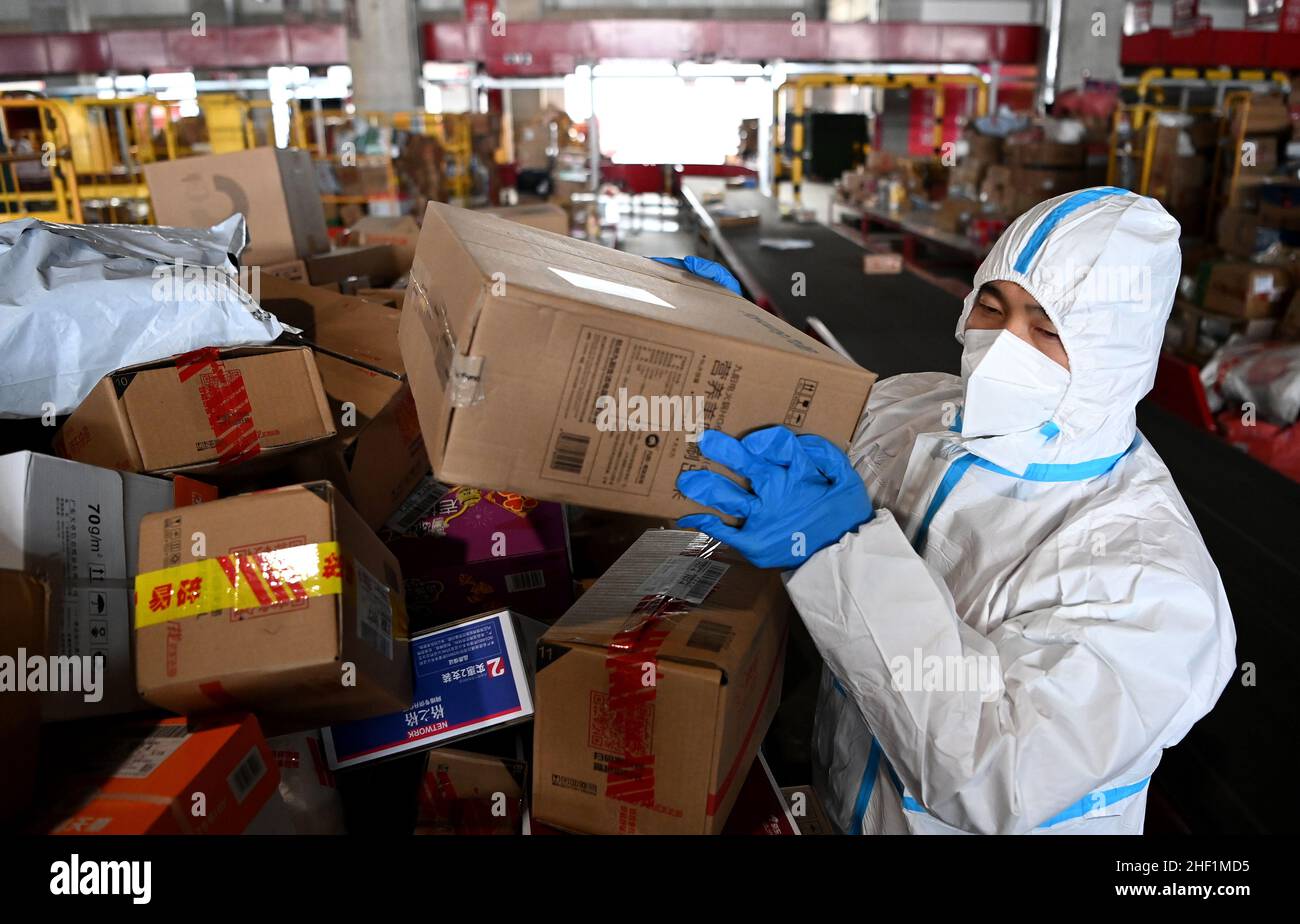 Xi'an, China's Shaanxi Province. 13th Jan, 2022. A staff member sorts