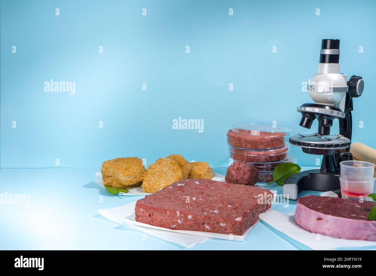 Lab grown meat alternatives concept, Various laboratory grown meat