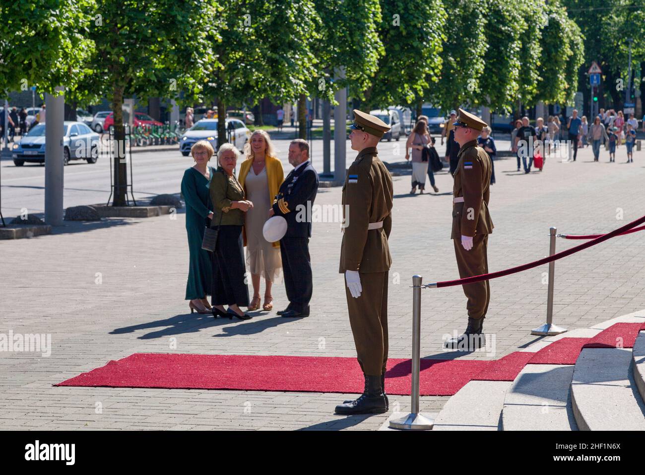 Tallinn, Estonia - June 15 2019: Soldiers at the entrance of the Estonia Theatre for an official visit of the Estonian President and the Danish Queen Stock Photo