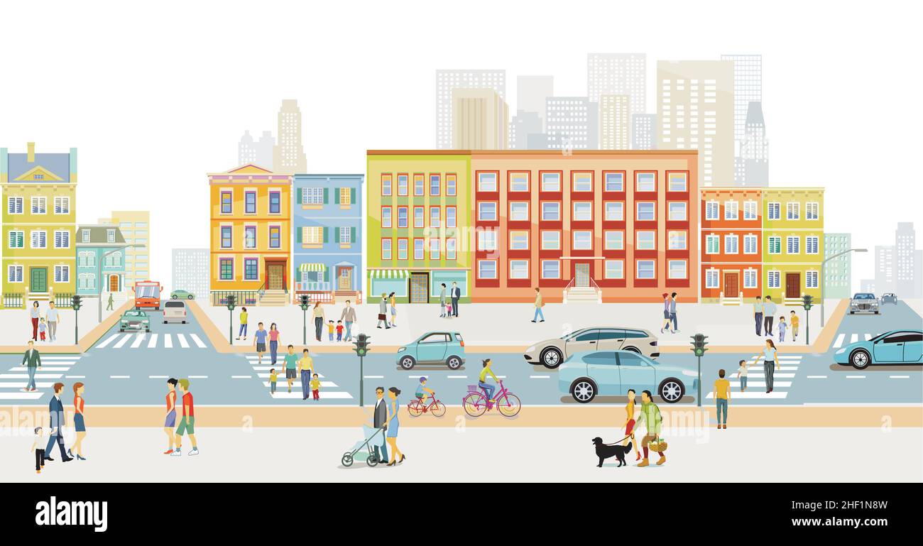 City with road traffic and pedestrians on the sidewalk Stock Vector ...
