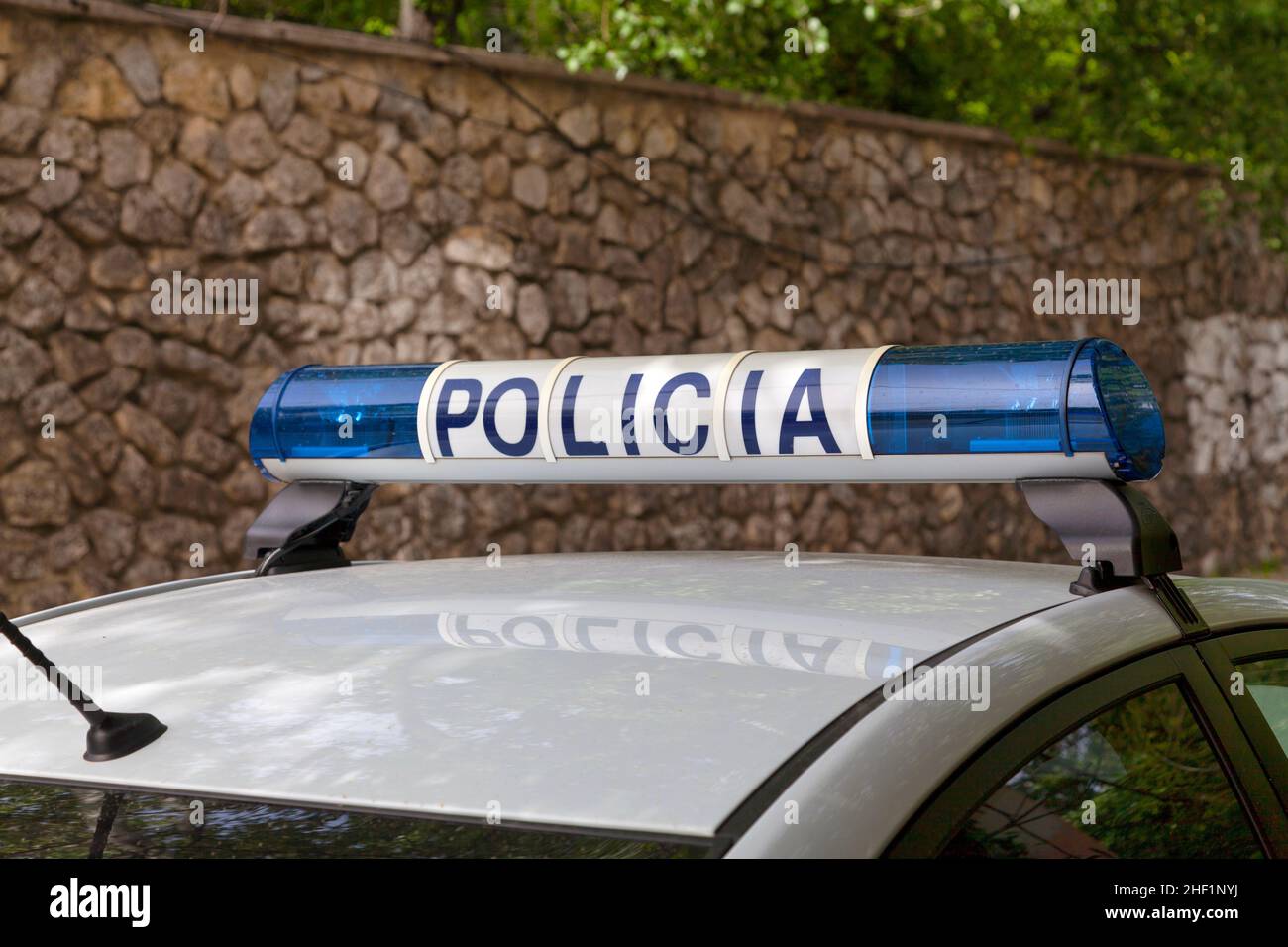 Close-up on the siren of an Albanian police car (Policia). Stock Photo