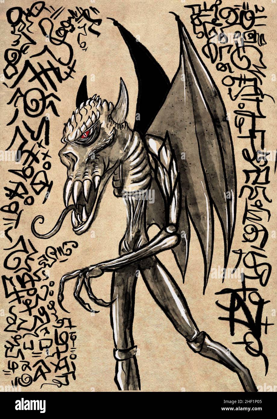 necronomicon like horror illustrated book page illustration Stock Photo ...