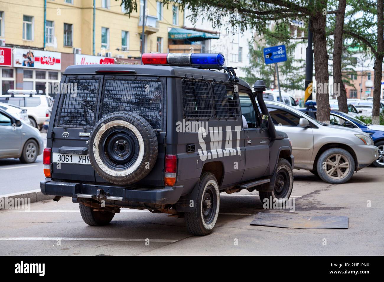 Ulan Bator, Mongolia - July 31 2018: 4x4 of the SWAT parked outside of a police station in the capital. Stock Photo