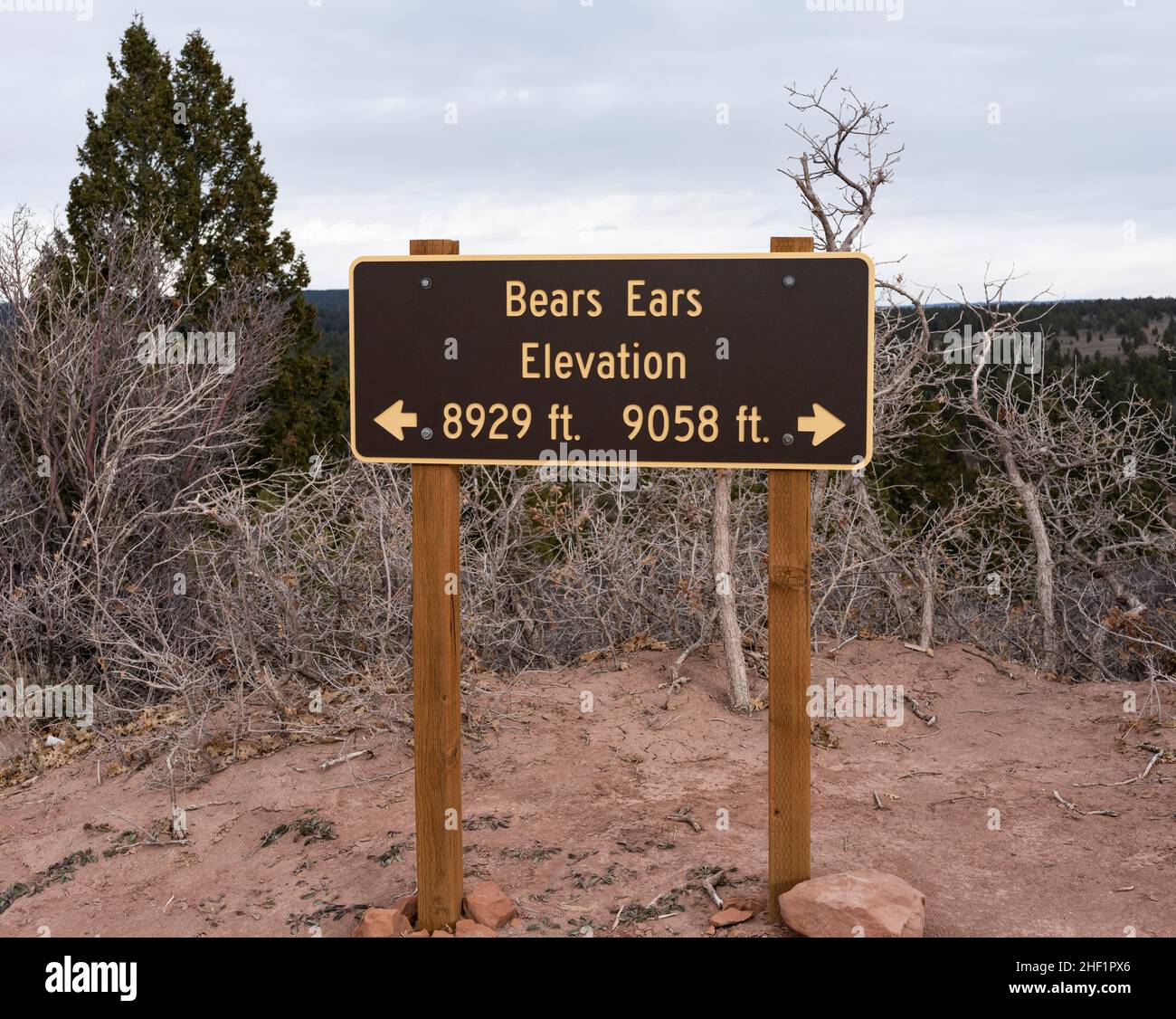 A sign for Bears Ears, located at the saddle between the peaks Stock