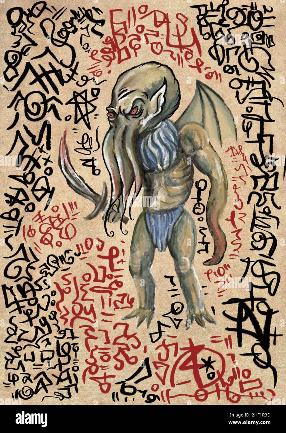 necronomicon like horror illustrated book page illustration Stock Photo ...