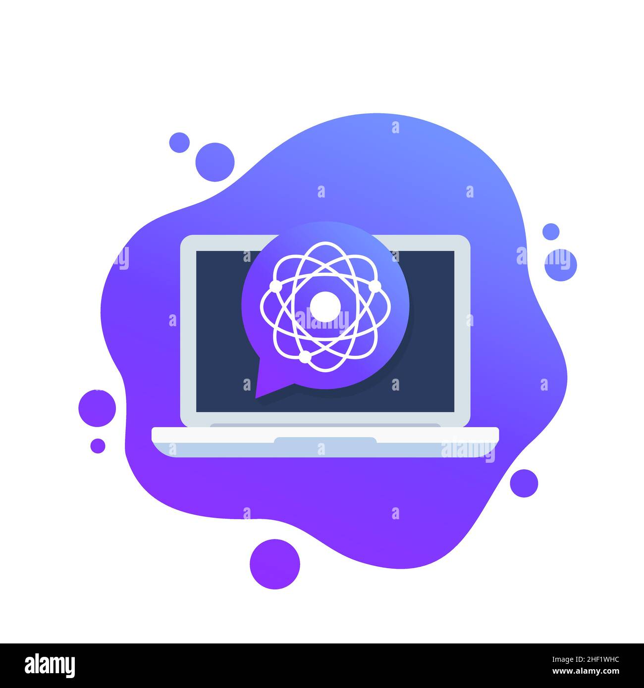 atom, nuclear research icon with a laptop Stock Vector
