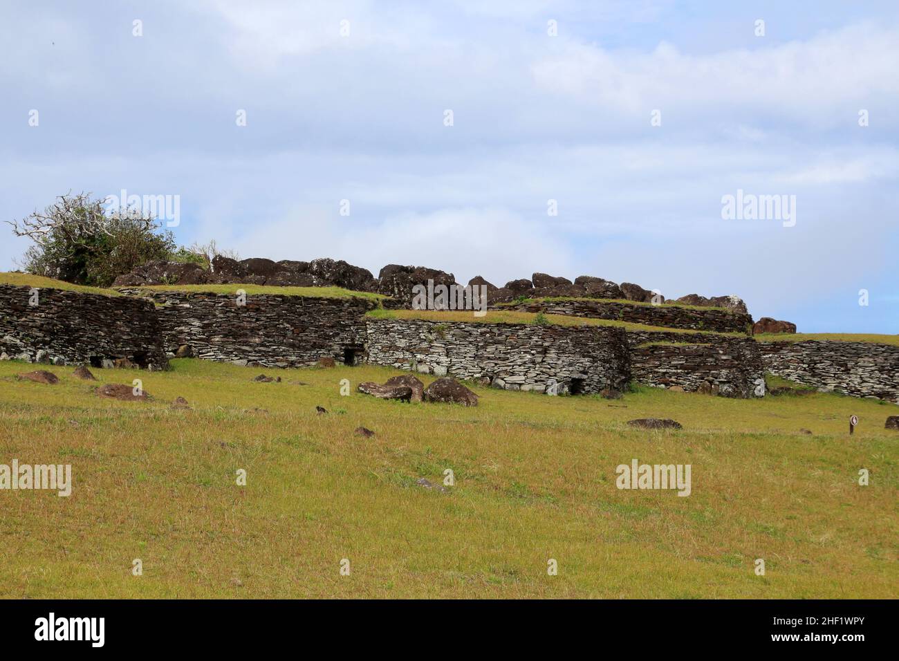 Orongo Stone Village, one of the most important places of worship on Easter Island Stock Photo