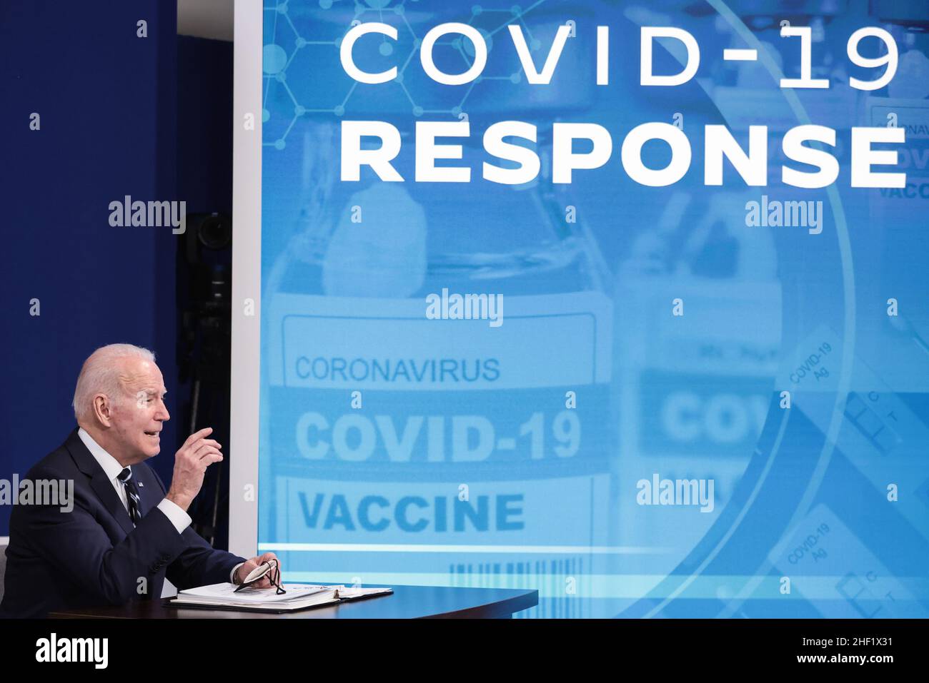 Washington, United States. 13th Jan, 2022. President Joe Biden speaks as he delivers an update on his administration's whole-of-government COVID-19 surge response in South Court Auditorium of the Eisenhower Executive Office Building next to the White House on January 13, 2022 in Washington, DC. Photo by Oliver Contreras/UPI Credit: UPI/Alamy Live News Stock Photo