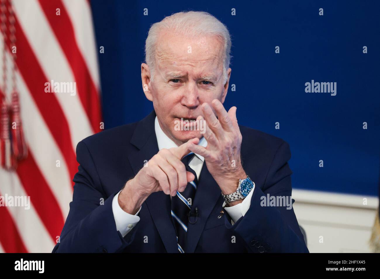 Washington, United States. 13th Jan, 2022. President Joe Biden speaks as he delivers an update on his administration's whole-of-government COVID-19 surge response in South Court Auditorium of the Eisenhower Executive Office Building next to the White House on January 13, 2022 in Washington, DC. Photo by Oliver Contreras/UPI Credit: UPI/Alamy Live News Stock Photo