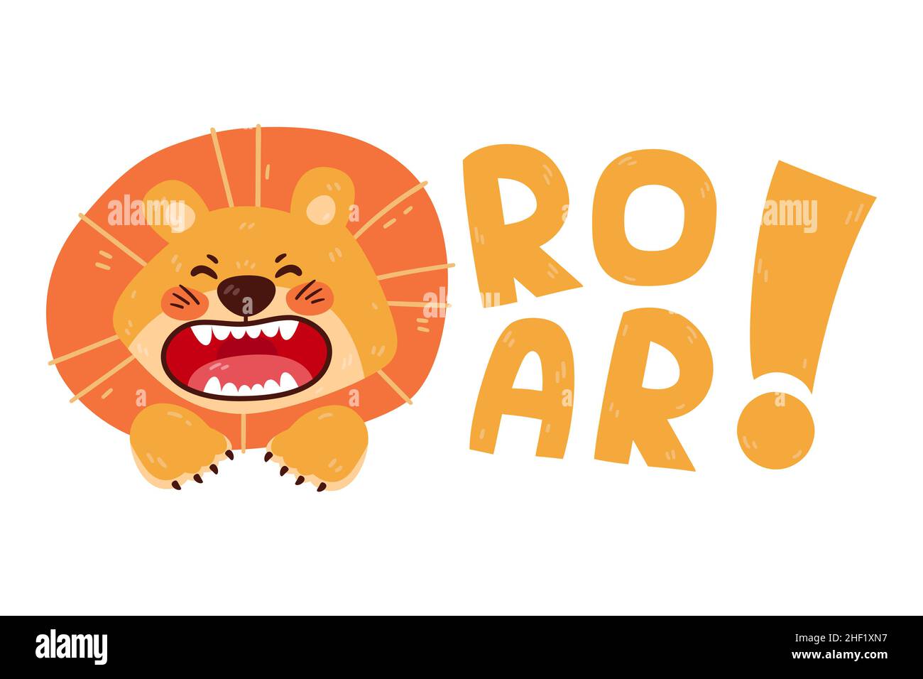 Design print of a cute funny lion. Nursery print with wild cat and lettering quote roar. Vector illustration isolated on white background. Stock Vector