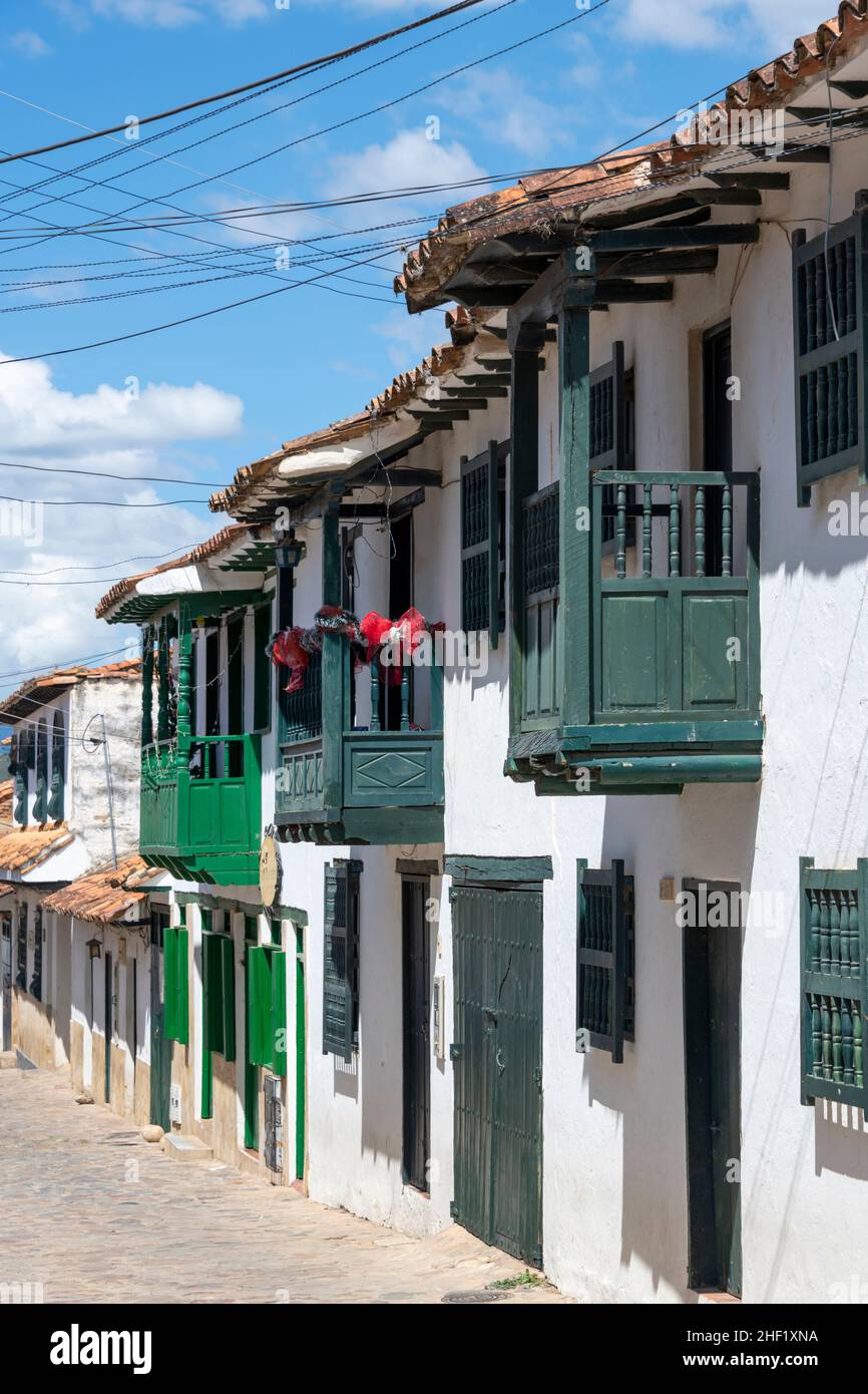 Row of the colonial style houses and shops, Villa de Leyva, Boyacá, Colombia Stock Photo