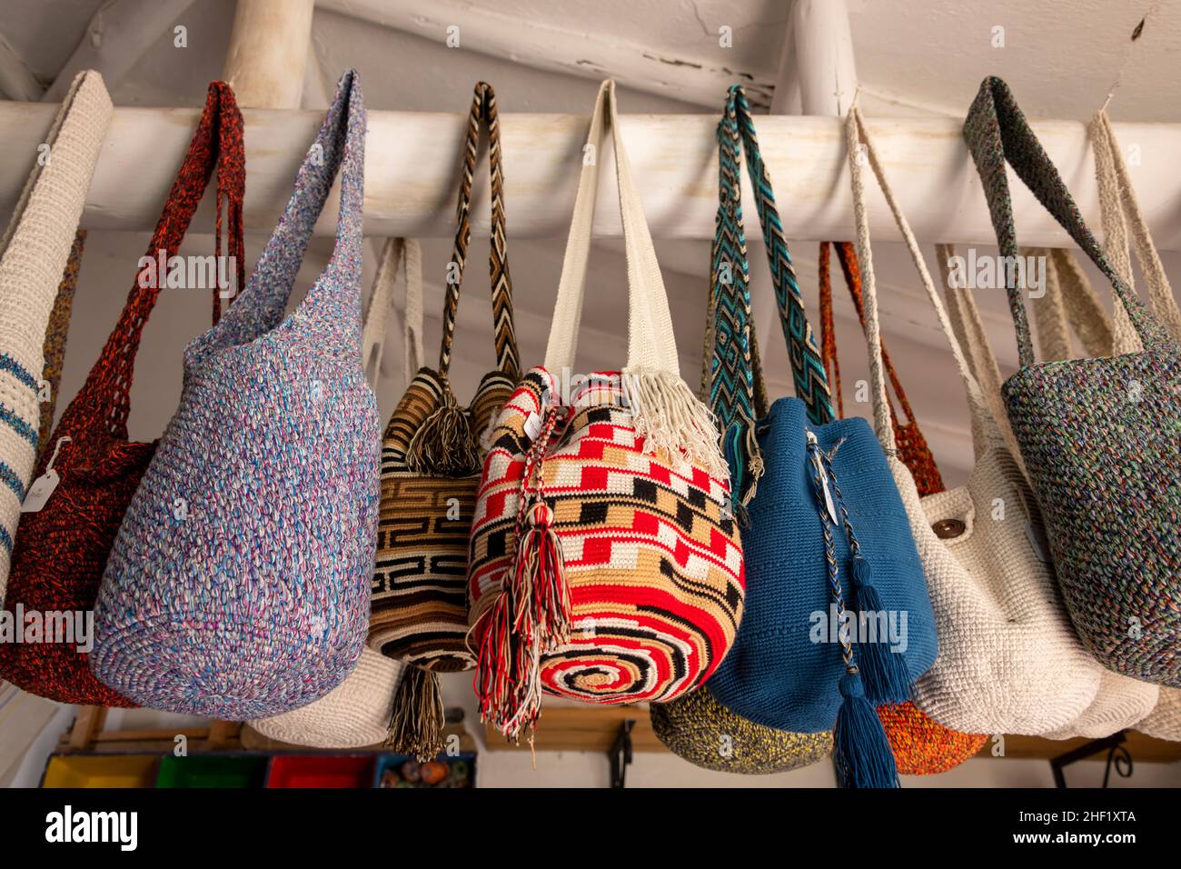Locally crafted woven bags, Villa de Leyva, Boyacá, Colombia Stock Photo