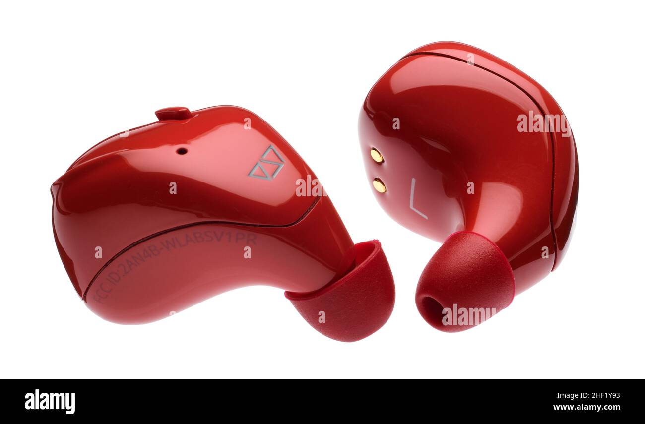 Pilot in ear translator devices. Earphones that translate languages Stock Photo Alamy