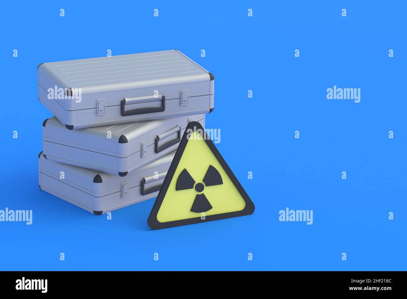 Metal suitcases near radiation sign. Nuclear briefcase. Transportation