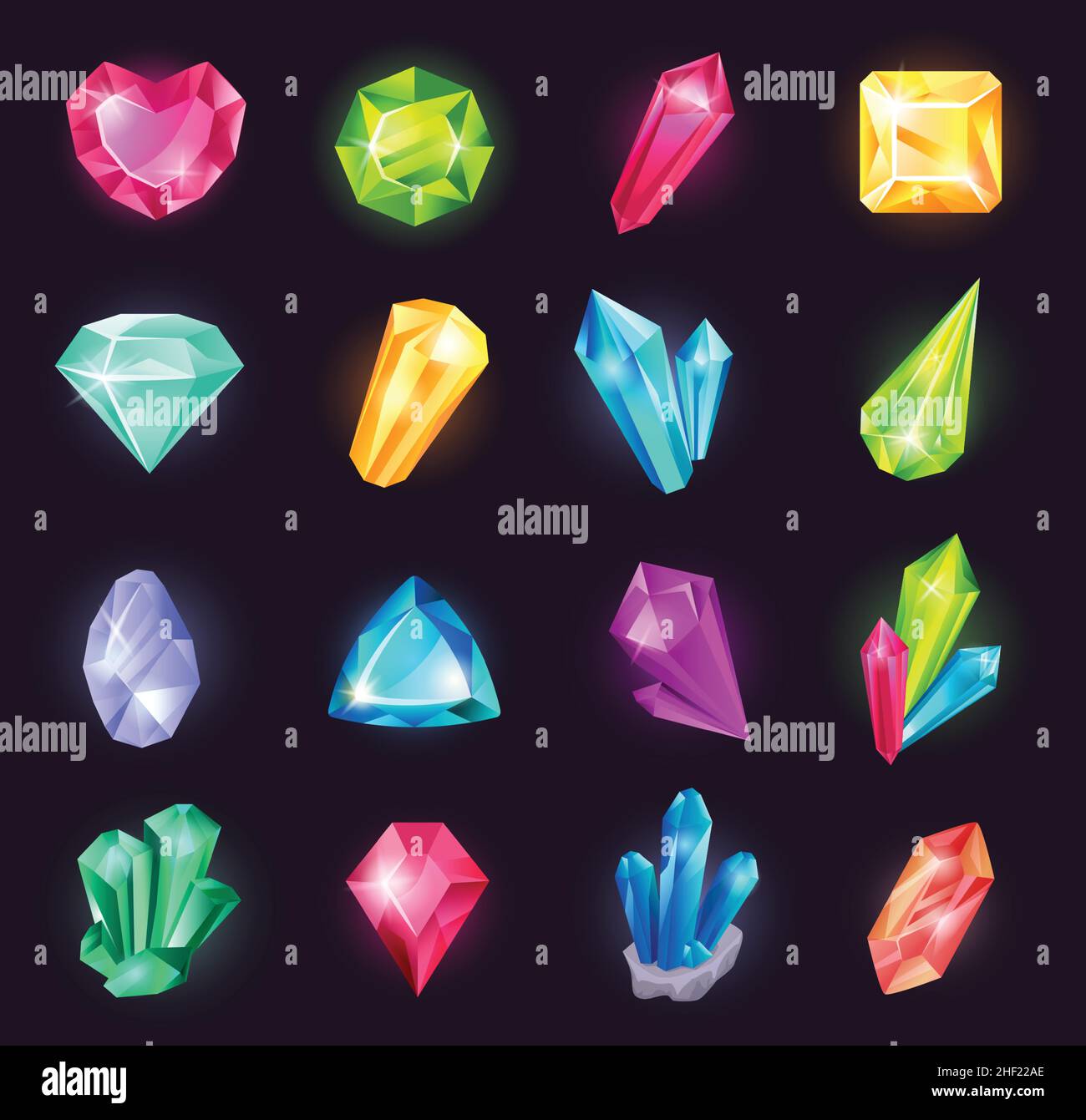 Cartoon magic crystals and precious gems, raw material gemstones. Glowing crystal, shiny jewel stone, fantasy gemstone for game vector set. Colorful glossy gaming elements of different forms Stock Vector