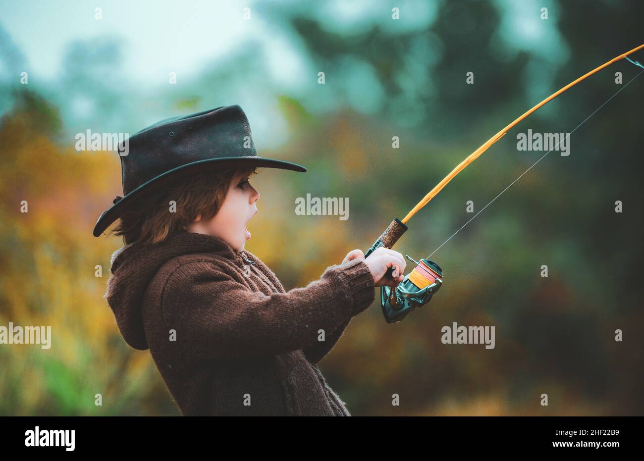 spinning reel. Kids fly fishing Stock 