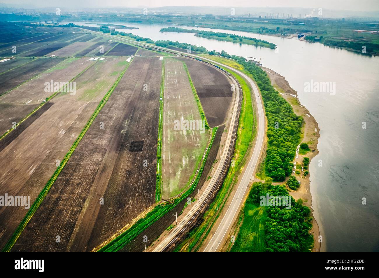 aerial view of road through the fields. High quality photo Stock Photo