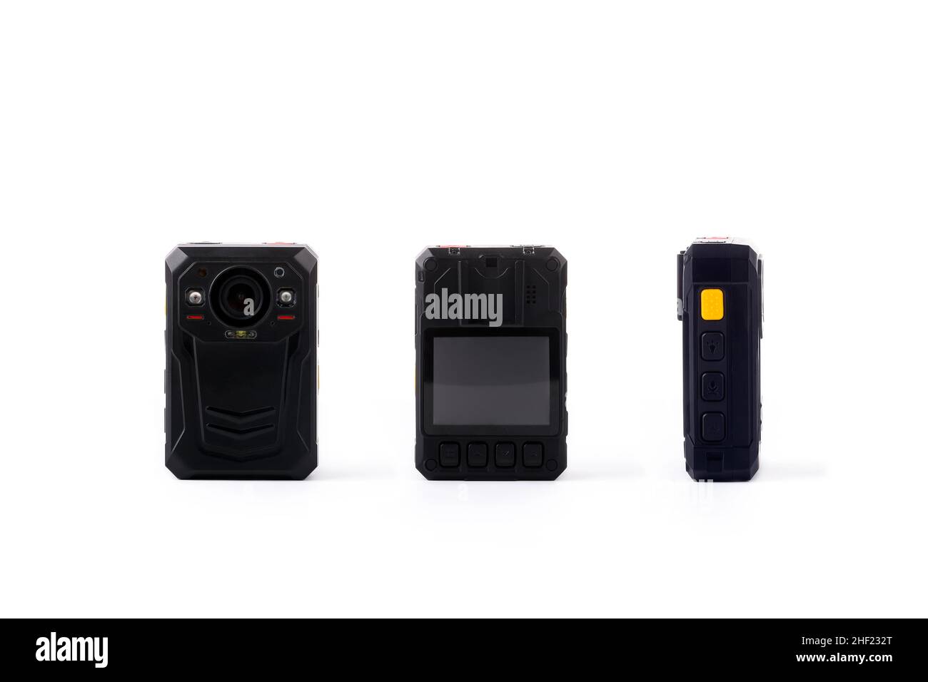 Officer body cam. Personal Wearable Video Recorder, Portable DVR, camera isolated on white background. Closeup, front view, back view, side view. Stock Photo