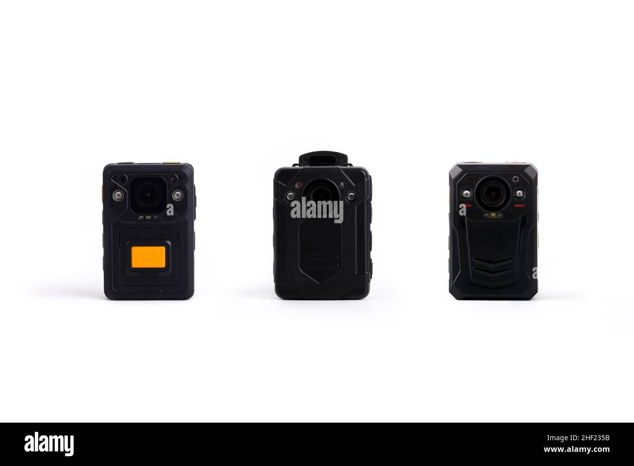 Three different kinds of Officer body cam. Personal Wearable Video Recorders, Portable DVR, camera isolated on white background. Closeup, front view. Stock Photo