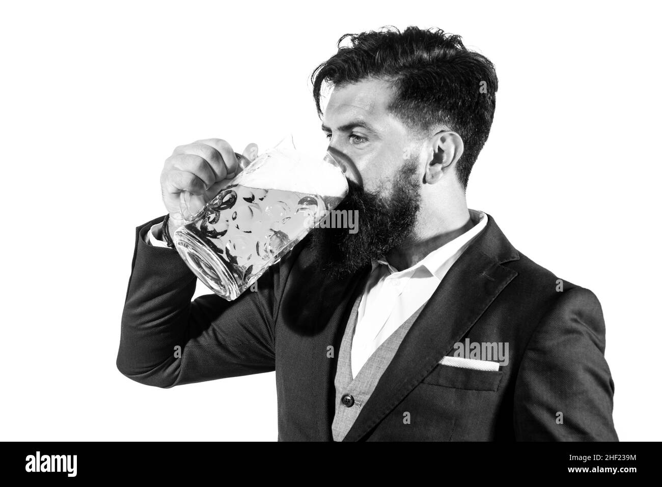 Retro man with a beer, alcoholic beverages. Guy drinking beer. Stock Photo