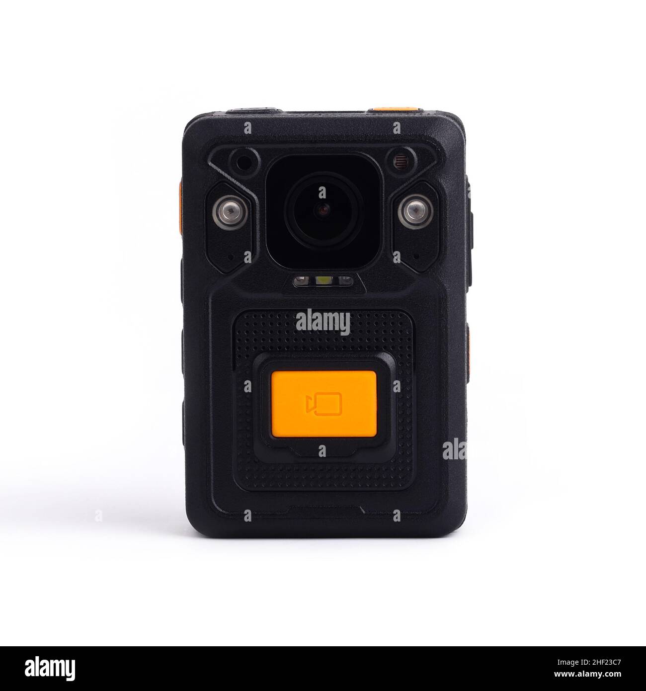 Black Officer body cam with yellow orange button record. Personal Wearable Video Recorder, Portable DVR, camera isolated on white background. Closeup, Stock Photo