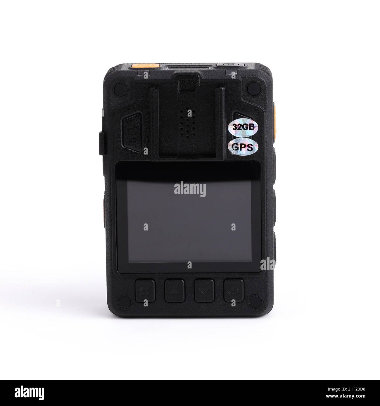 Back view of black Officer body cam with viewing screen. Personal Wearable Video Recorder, Portable DVR, camera isolated on white background. Closeup, Stock Photo