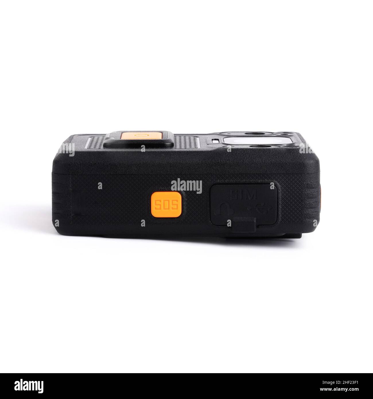 Black Officer body cam with yellow orange button sos. Personal Wearable Video Recorder, Portable DVR, camera isolated on white background. Closeup, si Stock Photo