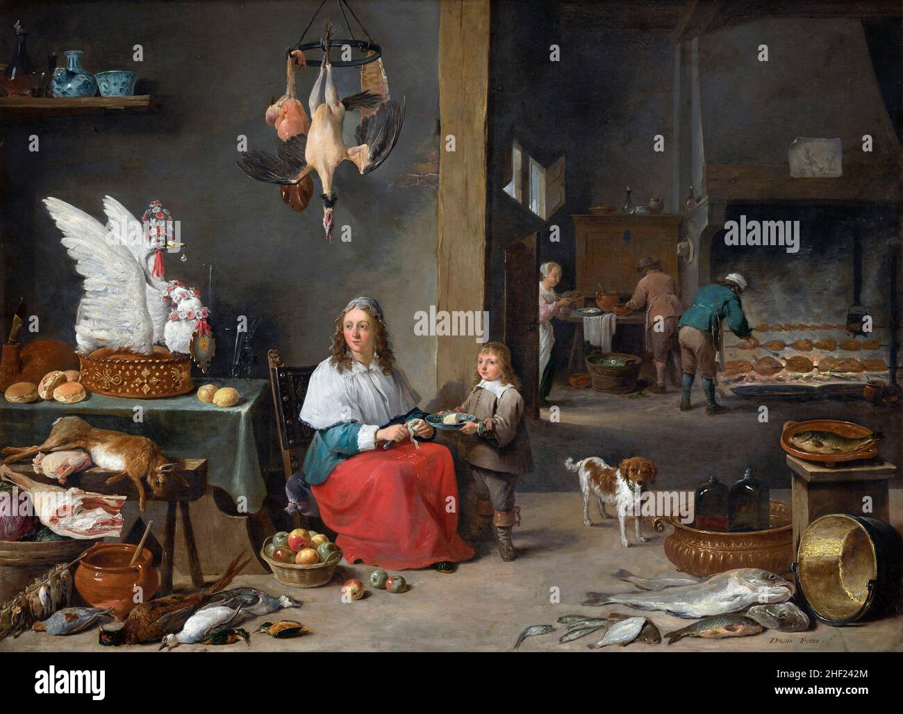 Kitchen Interior by David Teniers the Younger (1610-1690), oil on copper, 1644 Stock Photo