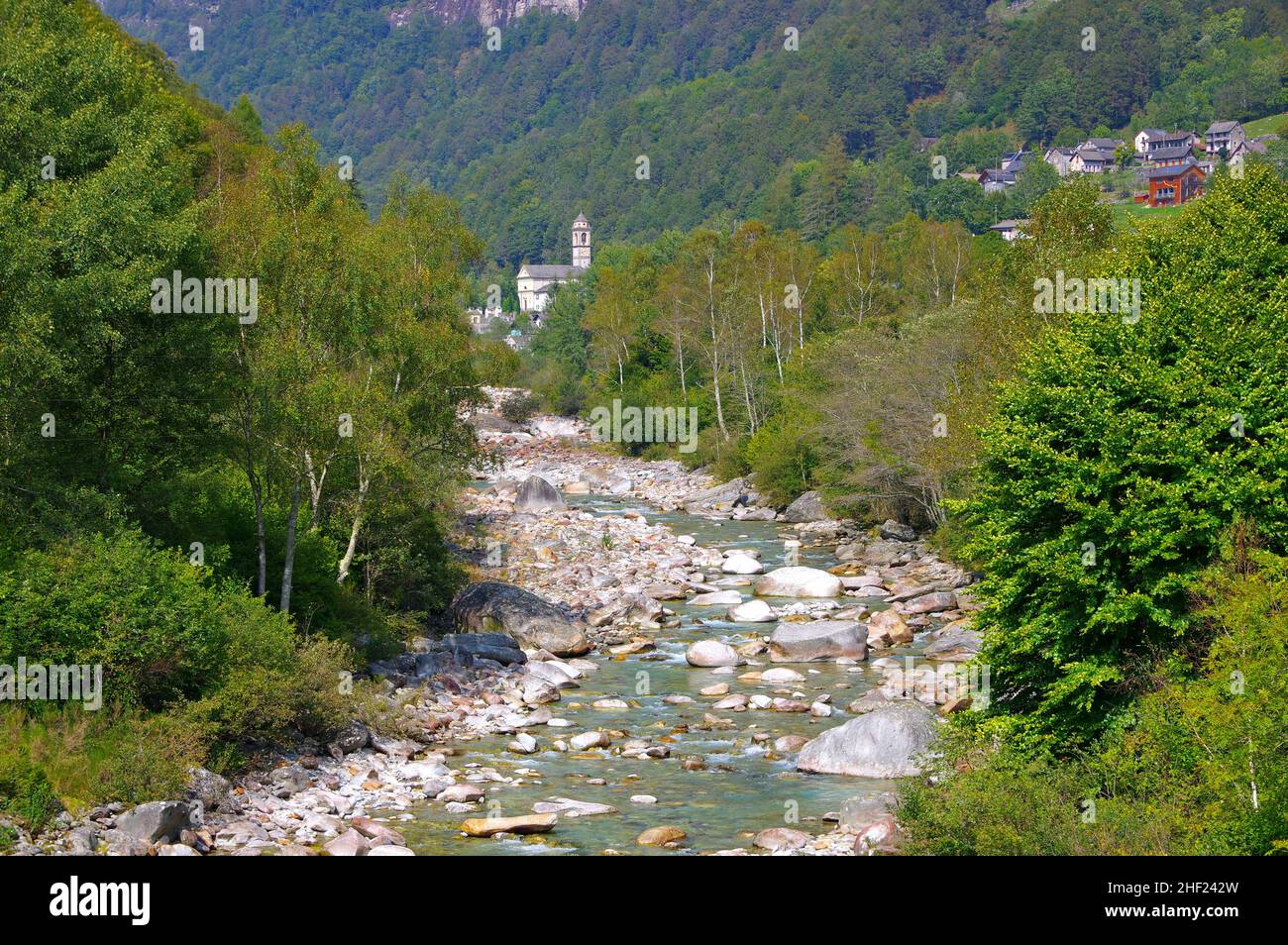 Frasco and Verzasca river, Verzasca valley, Ticino, Switzerland, Europe Stock Photo