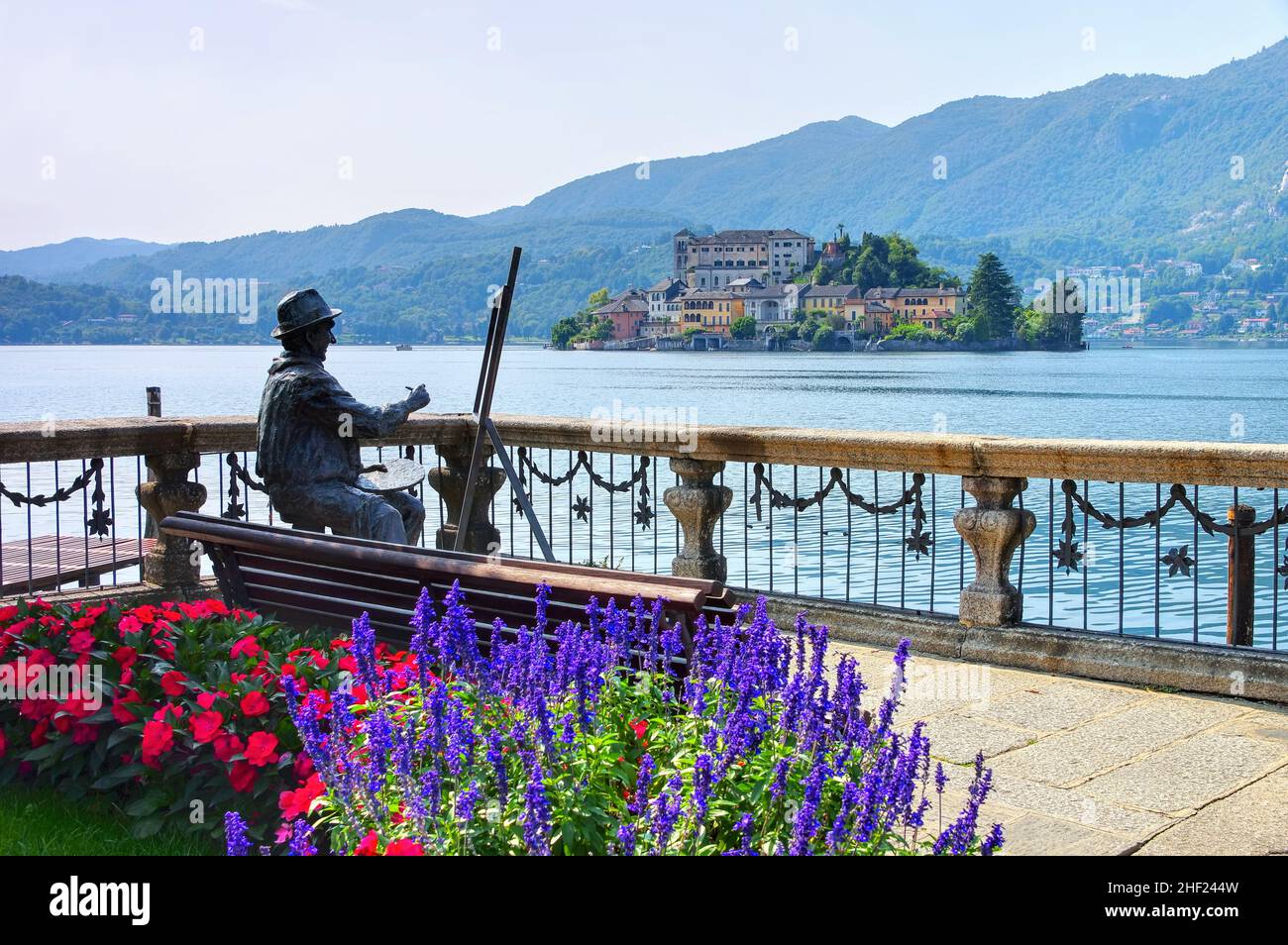 View of the island Isola San Giulio at the Lake Orta in Italy Stock Photo