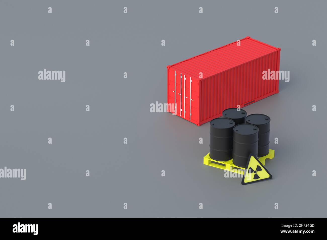Freight container on pallet near barrel and sign of radiation. The