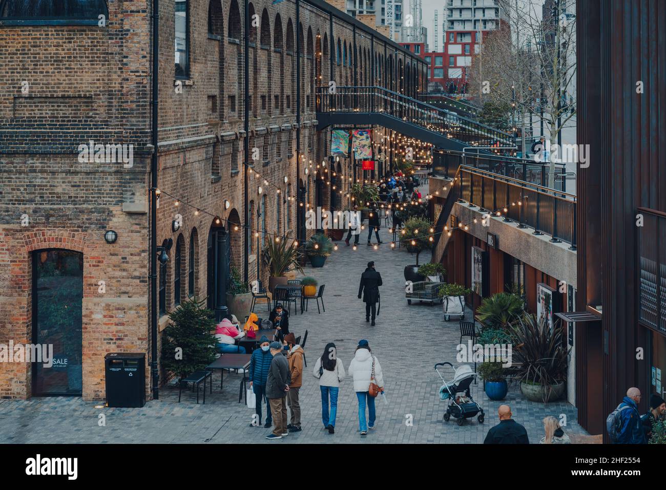 London, UK January 01, 2022 People walking under the lights in Coal