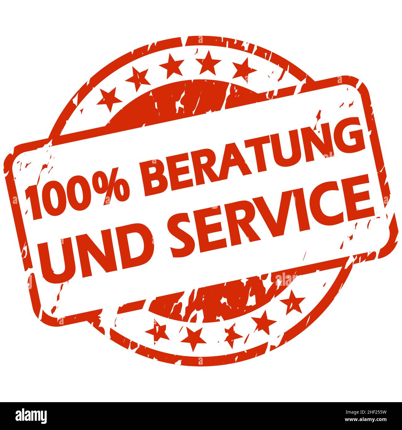 EPS 10 vector with round red colored grunge stamp with banner and text 100% advice and service (in german) Stock Vector