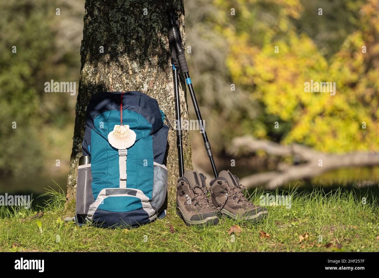 Backpack leaning against a tree, boots and accessories of a pilgrim on his way to Santiago de Compostela. Camino de Santiago concept Stock Photo