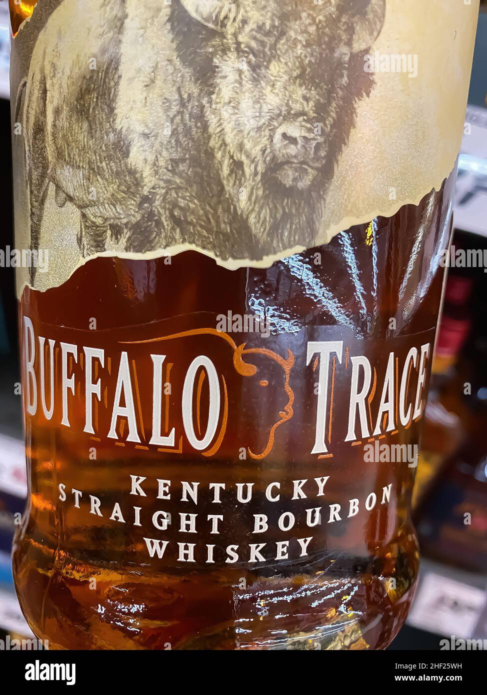 Viersen, Germany - January 9. 2022: Closeup of bottle buffalo trace kentucky straigh bourbon whiskey in shelf of german supermarket Stock Photo