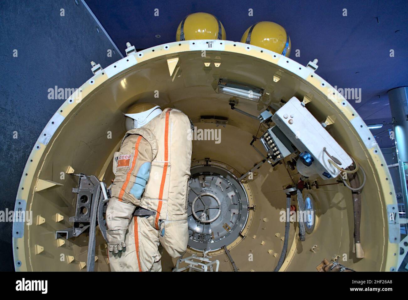 Airlock compartment of the Mir orbital station for the cosmonaut, to enter open space without depressurizing other compartments. Museum of Cosmonautic Stock Photo