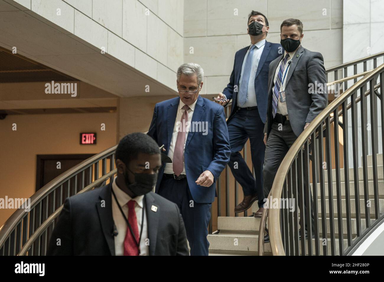 Washington, United States. 13th Jan, 2022. U.S. House Minority Leader Kevin McCarthy R-CA, heads to the secure meeting room in the basement of the House Visitors Center at the U.S. Capitol in Washington, DC on Thursday, January 13, 2022. The House select committee investigating the Jan. 6 riots at the Capitol on Wednesday issued a subpoena to House Republican leader Kevin McCarthy. Photo by Ken Cedeno/UPI. Credit: UPI/Alamy Live News Stock Photo