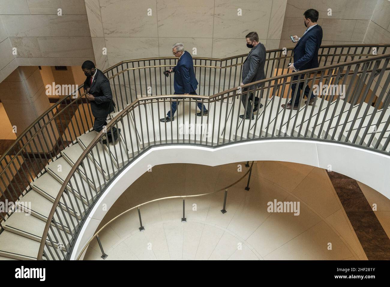 Washington, United States. 13th Jan, 2022. U.S. House Minority Leader Kevin McCarthy R-CA, heads to the secure meeting room in the basement of the House Visitors Center at the U.S. Capitol in Washington, DC on Thursday, January 13, 2022. The House select committee investigating the Jan. 6 riots at the Capitol on Wednesday issued a subpoena to House Republican leader Kevin McCarthy. Photo by Ken Cedeno/UPI. Credit: UPI/Alamy Live News Stock Photo