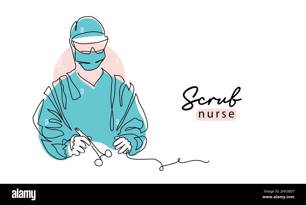 Scrub nurse simple vector illustration with scissors . One continuous