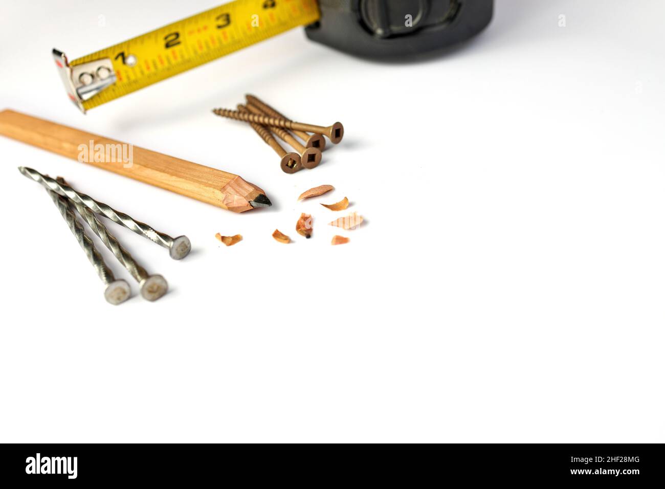 Carpenter's Pencil with Sharpening Shavings, Tape Measure, Framing