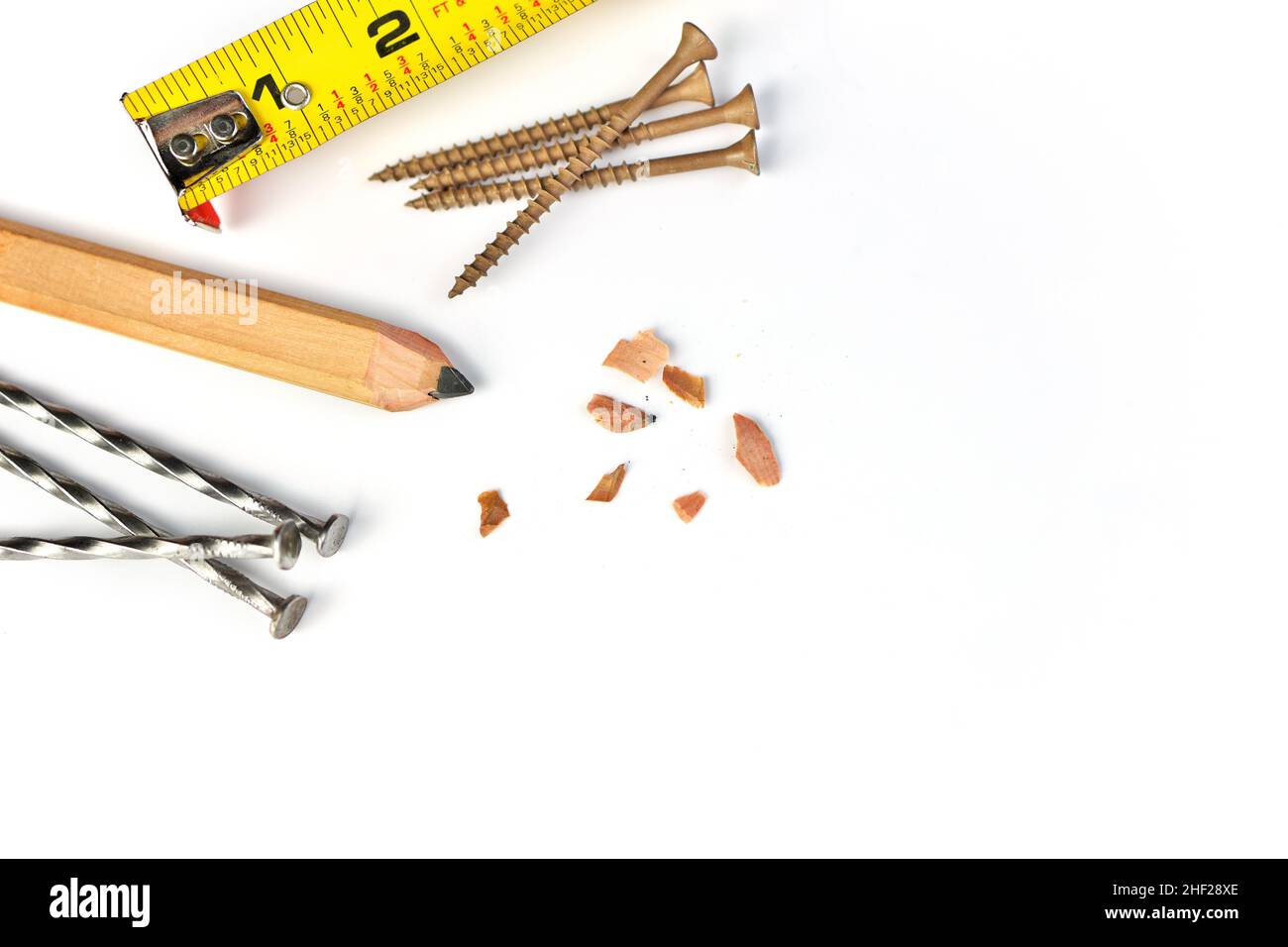 Carpenter's Pencil with Sharpening Shavings, Tape Measure, Framing
