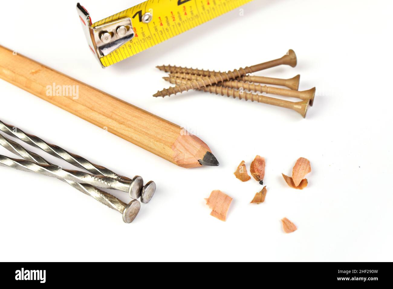 Carpenter's Pencil with Sharpening Shavings, Tape Measure, Framing
