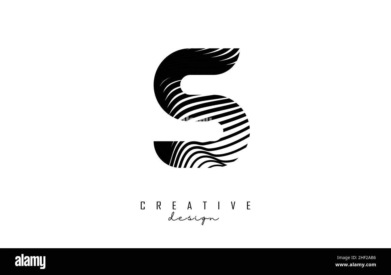 Letter S logo with black twisted lines. Creative vector illustration with zebra, finger print and wavy pattern lines. Stock Vector