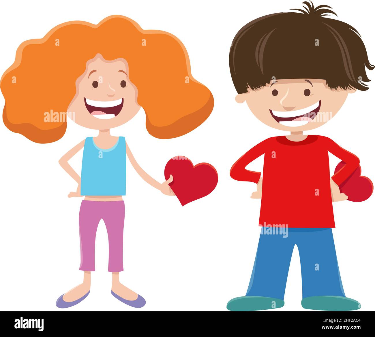 Cartoon illustration with girl and boy characters with cards on ...