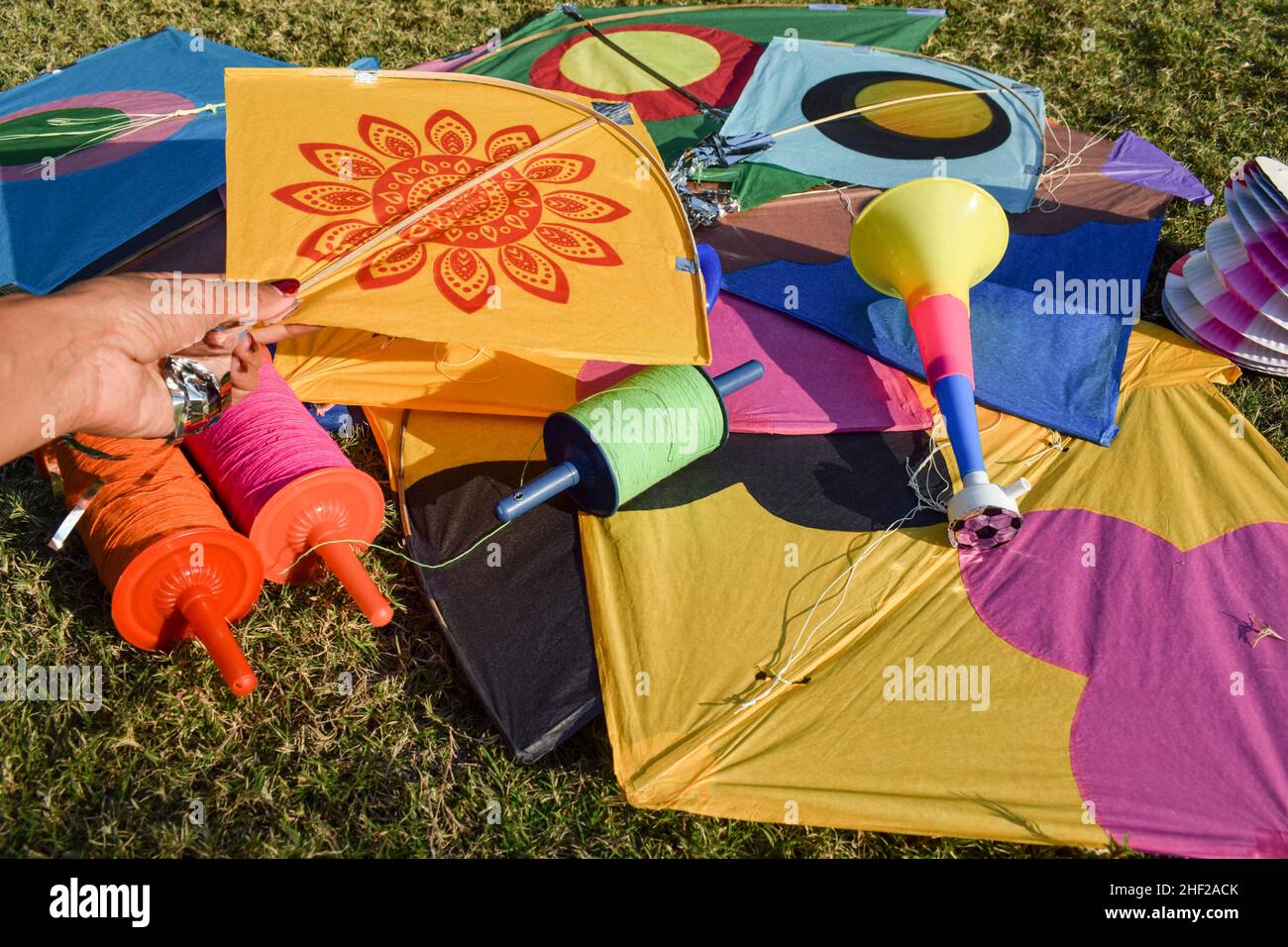 Sankranti kites patang flying outdoors. Colorful kites during kite