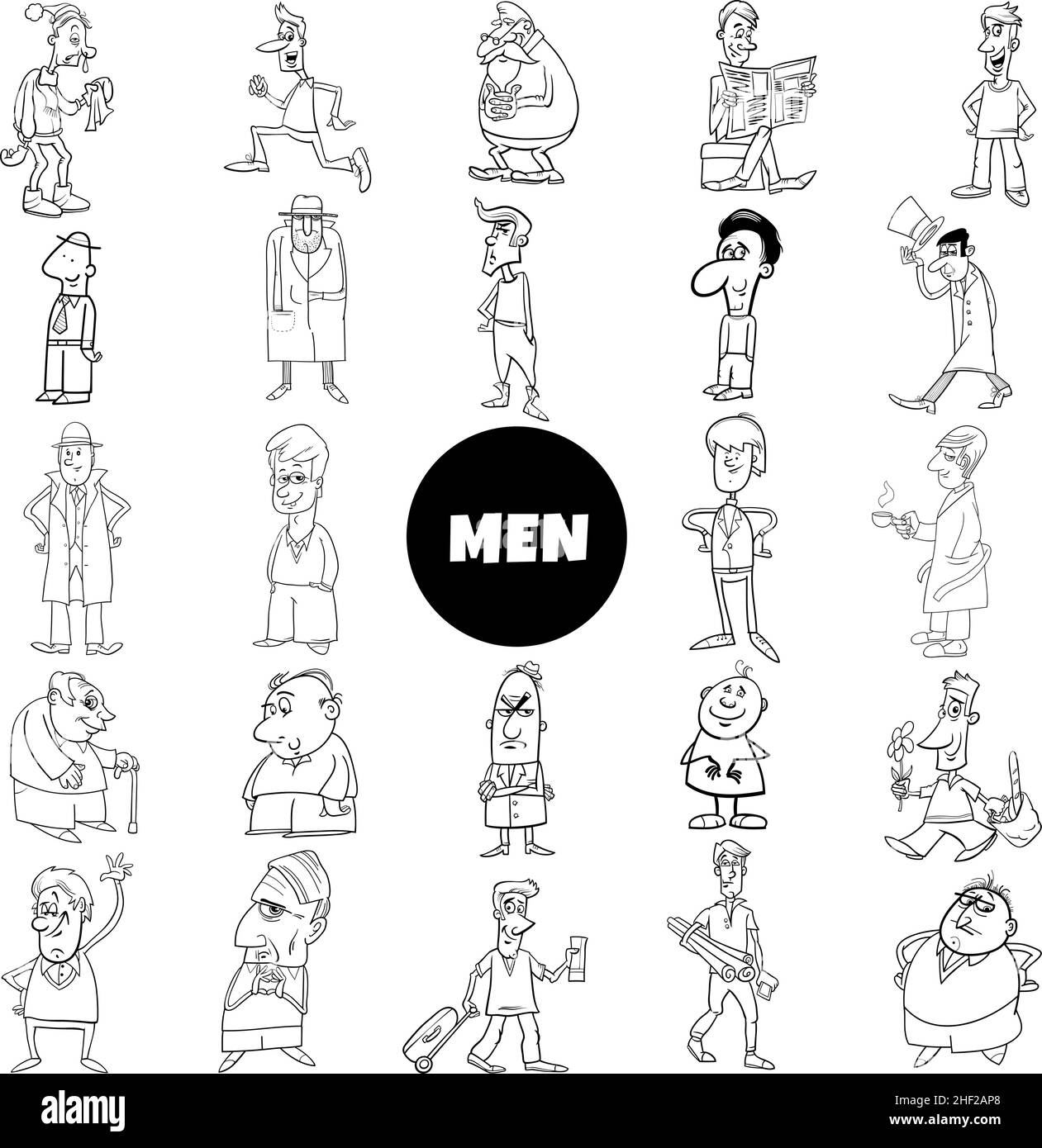 Black and white cartoon illustration of funny men characters set coloring page Stock Vector