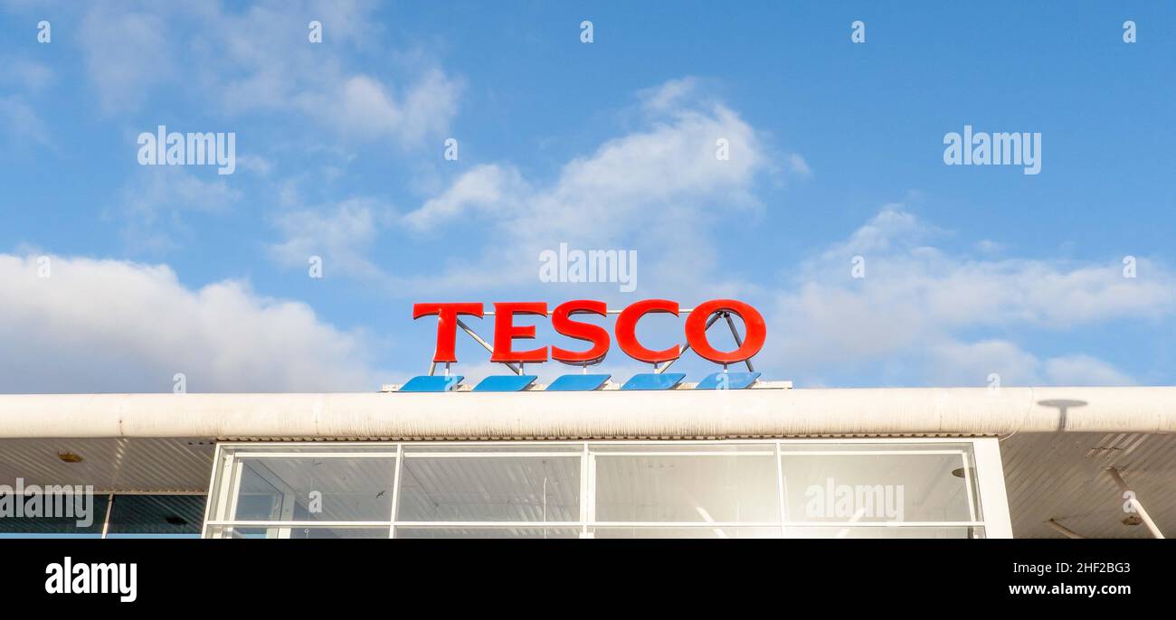 Tesco sign on top of the building, Colinton, Edinburgh, Scotland, UK