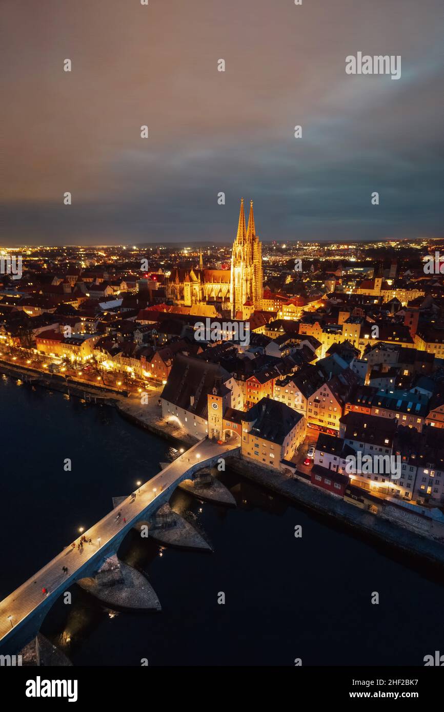 Regensburg Cathedral at Night in Bavaria, Germany , post processed using exposure bracketing Stock Photo