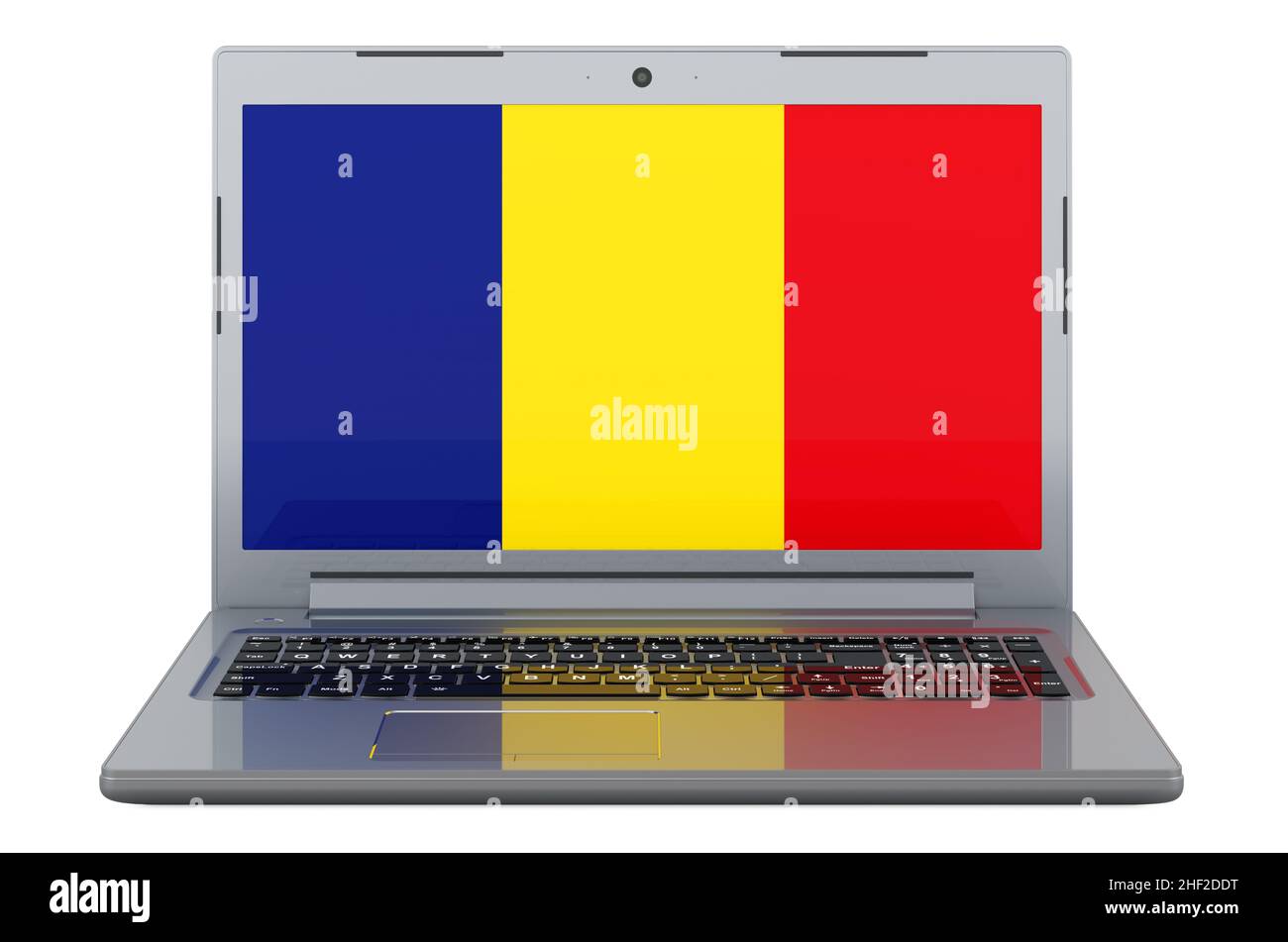 Romania Flag Computer Romanian flag on laptop screen. 3D illustration isolated on white ...